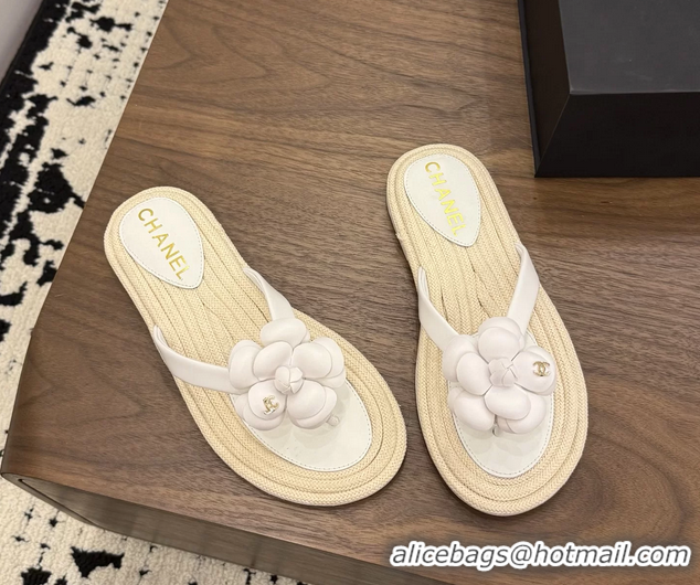 Feminine Chanel Leather Camellia Flower Terry Cloth Espadrille Slip Flops Thong Sandals Shoes White 6051303