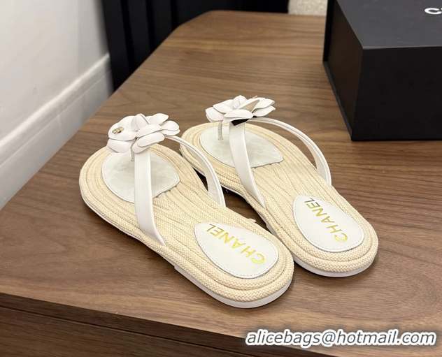 Feminine Chanel Leather Camellia Flower Terry Cloth Espadrille Slip Flops Thong Sandals Shoes White 6051303