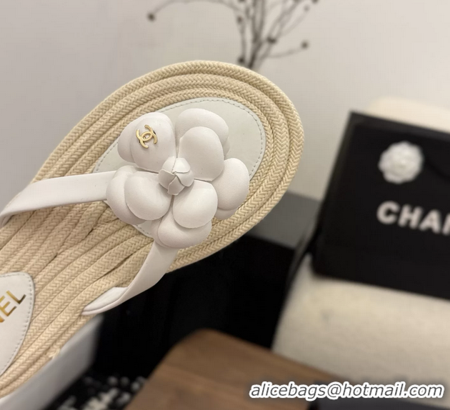 Feminine Chanel Leather Camellia Flower Terry Cloth Espadrille Slip Flops Thong Sandals Shoes White 6051303
