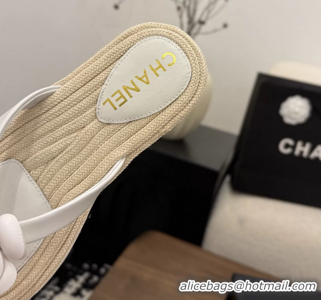 Feminine Chanel Leather Camellia Flower Terry Cloth Espadrille Slip Flops Thong Sandals Shoes White 6051303