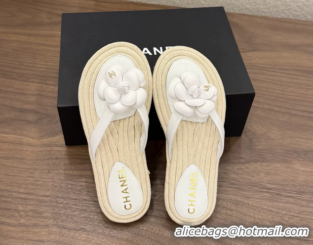 Feminine Chanel Leather Camellia Flower Terry Cloth Espadrille Slip Flops Thong Sandals Shoes White 6051303
