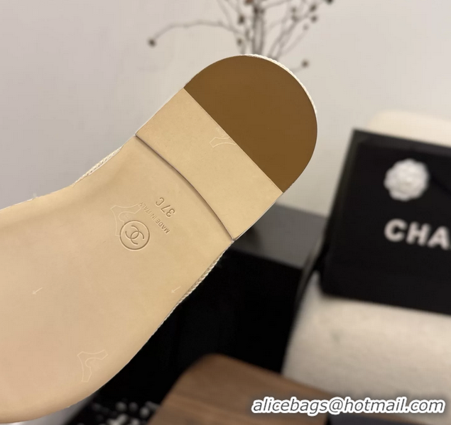 Feminine Chanel Leather Camellia Flower Terry Cloth Espadrille Slip Flops Thong Sandals Shoes White 6051303