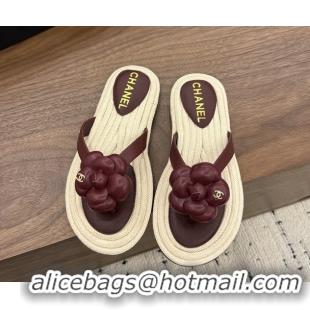 Lowest Cost Chanel Leather Camellia Flower Terry Cloth Espadrille Slip Flops Thong Sandals Shoes Red 6051303