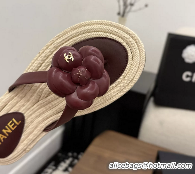 Lowest Cost Chanel Leather Camellia Flower Terry Cloth Espadrille Slip Flops Thong Sandals Shoes Red 6051303