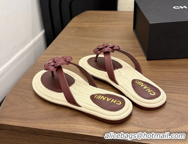 Lowest Cost Chanel Leather Camellia Flower Terry Cloth Espadrille Slip Flops Thong Sandals Shoes Red 6051303