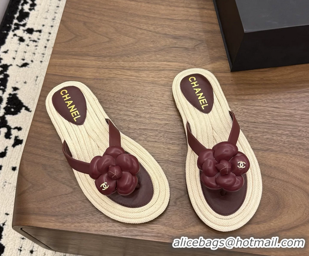 Lowest Cost Chanel Leather Camellia Flower Terry Cloth Espadrille Slip Flops Thong Sandals Shoes Red 6051303