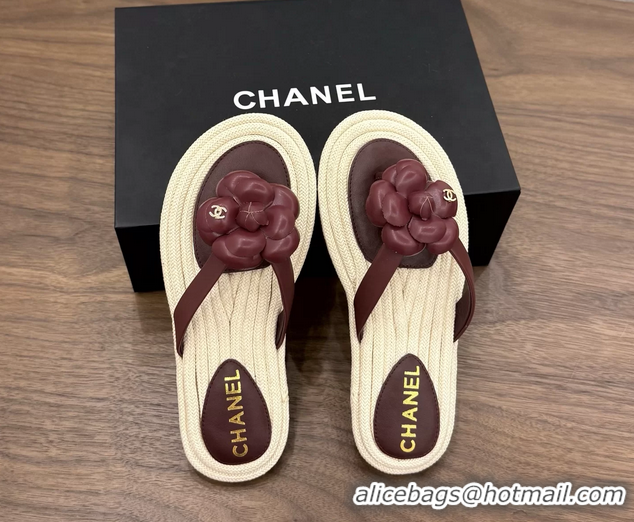 Lowest Cost Chanel Leather Camellia Flower Terry Cloth Espadrille Slip Flops Thong Sandals Shoes Red 6051303