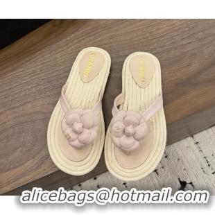 Lowest Price Chanel Leather Camellia Flower Terry Cloth Espadrille Slip Flops Thong Sandals Shoes Pink 6051303