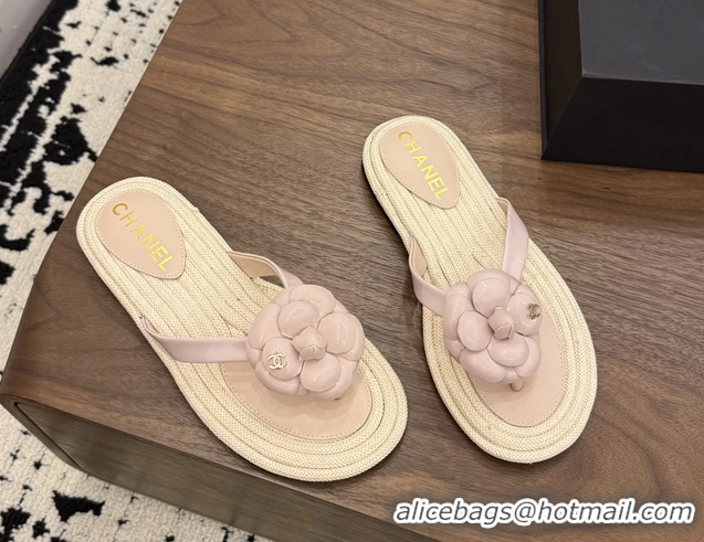 Lowest Price Chanel Leather Camellia Flower Terry Cloth Espadrille Slip Flops Thong Sandals Shoes Pink 6051303