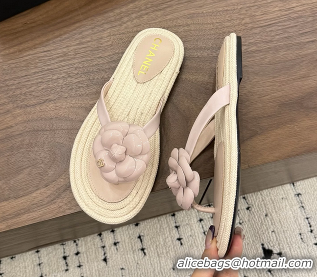 Lowest Price Chanel Leather Camellia Flower Terry Cloth Espadrille Slip Flops Thong Sandals Shoes Pink 6051303