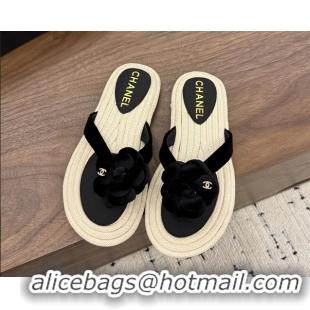 Discount Chanel Leather Camellia Flower Terry Cloth Espadrille Slip Flops Thong Sandals Shoes 6051303 Black