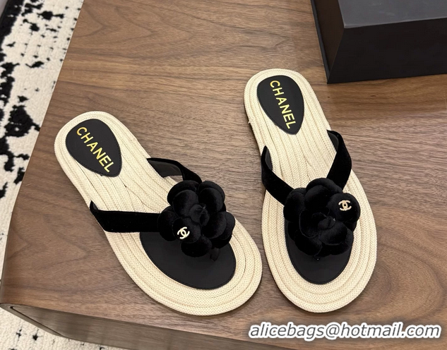 Discount Chanel Leather Camellia Flower Terry Cloth Espadrille Slip Flops Thong Sandals Shoes 6051303 Black