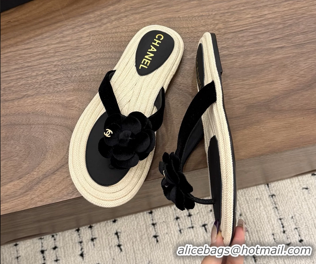 Discount Chanel Leather Camellia Flower Terry Cloth Espadrille Slip Flops Thong Sandals Shoes 6051303 Black