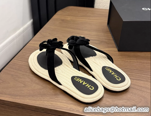 Discount Chanel Leather Camellia Flower Terry Cloth Espadrille Slip Flops Thong Sandals Shoes 6051303 Black