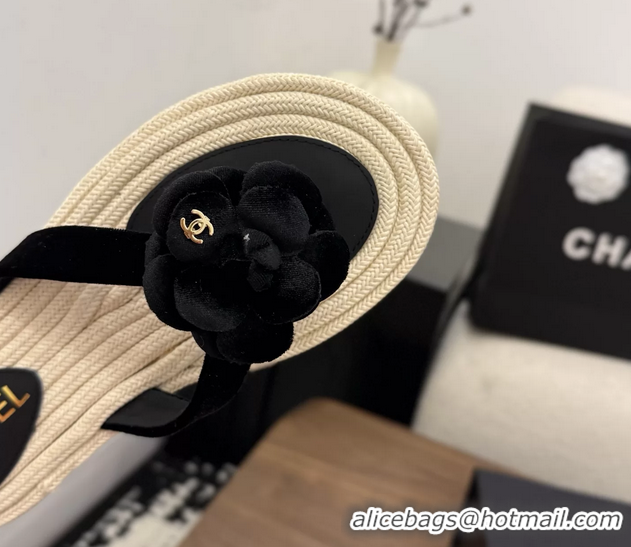 Discount Chanel Leather Camellia Flower Terry Cloth Espadrille Slip Flops Thong Sandals Shoes 6051303 Black