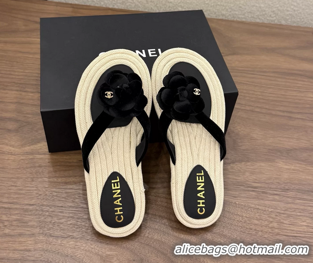 Discount Chanel Leather Camellia Flower Terry Cloth Espadrille Slip Flops Thong Sandals Shoes 6051303 Black