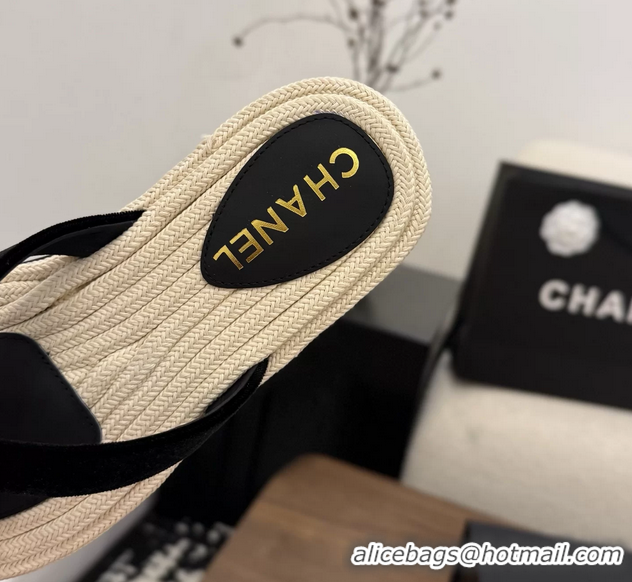 Discount Chanel Leather Camellia Flower Terry Cloth Espadrille Slip Flops Thong Sandals Shoes 6051303 Black