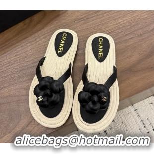 Discount Chanel Leather Camellia Flower Terry Cloth Espadrille Slip Flops Thong Sandals Shoes 6051303 Black