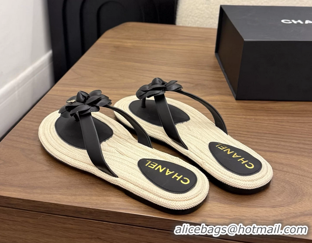 Discount Chanel Leather Camellia Flower Terry Cloth Espadrille Slip Flops Thong Sandals Shoes 6051303 Black
