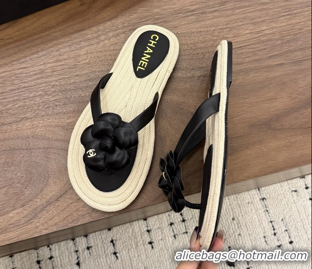 Discount Chanel Leather Camellia Flower Terry Cloth Espadrille Slip Flops Thong Sandals Shoes 6051303 Black