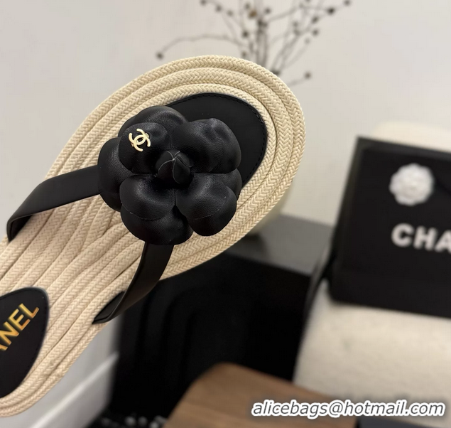 Discount Chanel Leather Camellia Flower Terry Cloth Espadrille Slip Flops Thong Sandals Shoes 6051303 Black