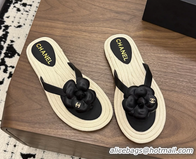 Discount Chanel Leather Camellia Flower Terry Cloth Espadrille Slip Flops Thong Sandals Shoes 6051303 Black
