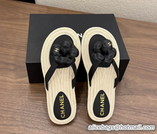 Discount Chanel Leather Camellia Flower Terry Cloth Espadrille Slip Flops Thong Sandals Shoes 6051303 Black