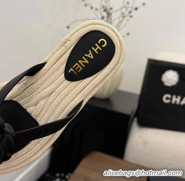 Discount Chanel Leather Camellia Flower Terry Cloth Espadrille Slip Flops Thong Sandals Shoes 6051303 Black