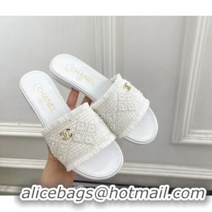 Buy Fashionable Chanel CC White Woven Raffia Flat Slides Sandals Shoes 6051304