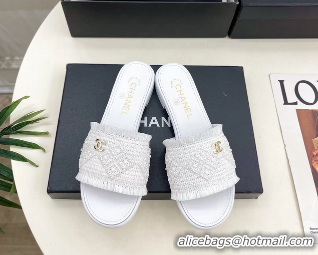 Buy Fashionable Chanel CC White Woven Raffia Flat Slides Sandals Shoes 6051304