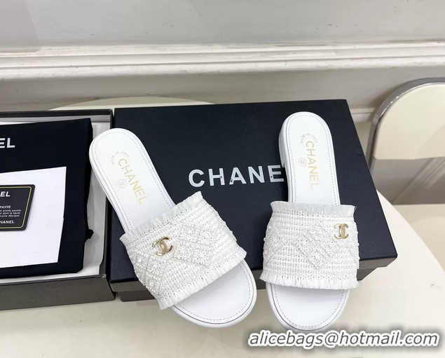 Buy Fashionable Chanel CC White Woven Raffia Flat Slides Sandals Shoes 6051304