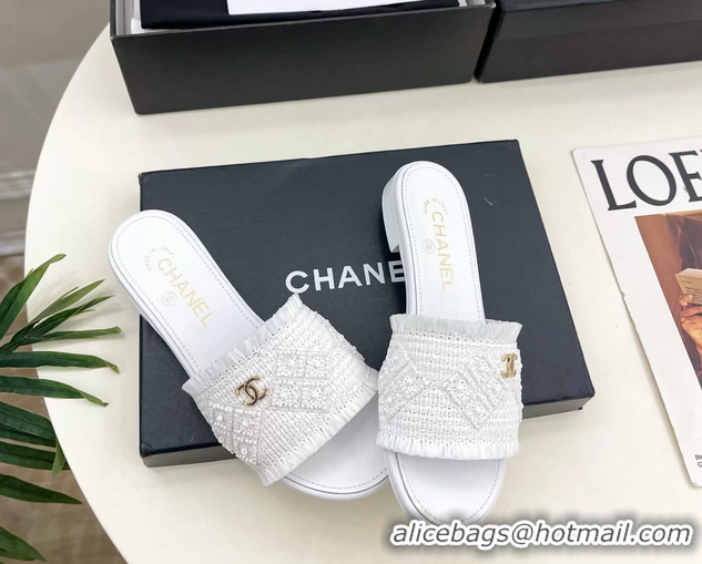 Buy Fashionable Chanel CC White Woven Raffia Flat Slides Sandals Shoes 6051304
