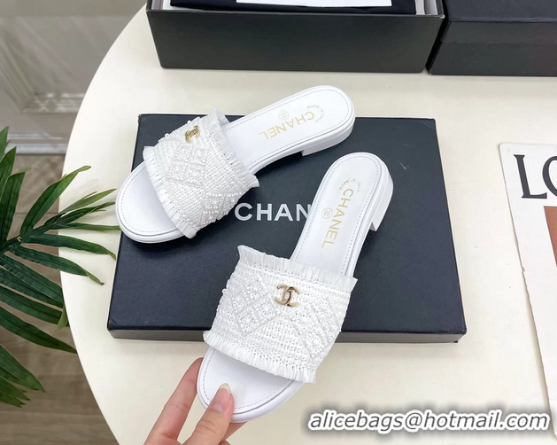 Buy Fashionable Chanel CC White Woven Raffia Flat Slides Sandals Shoes 6051304
