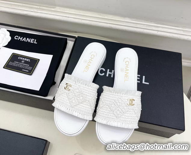 Buy Fashionable Chanel CC White Woven Raffia Flat Slides Sandals Shoes 6051304