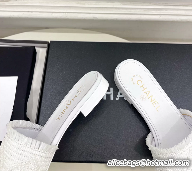 Buy Fashionable Chanel CC White Woven Raffia Flat Slides Sandals Shoes 6051304