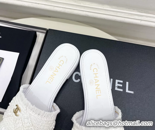 Buy Fashionable Chanel CC White Woven Raffia Flat Slides Sandals Shoes 6051304