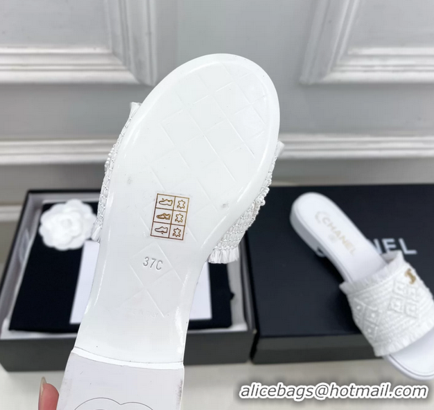 Buy Fashionable Chanel CC White Woven Raffia Flat Slides Sandals Shoes 6051304