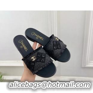 Fashion Chanel CC Black Woven Raffia Flat Slides Sandals Shoes 6051304