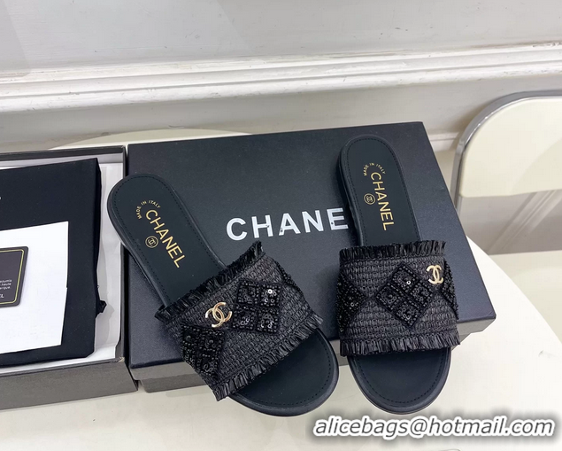 Fashion Chanel CC Black Woven Raffia Flat Slides Sandals Shoes 6051304