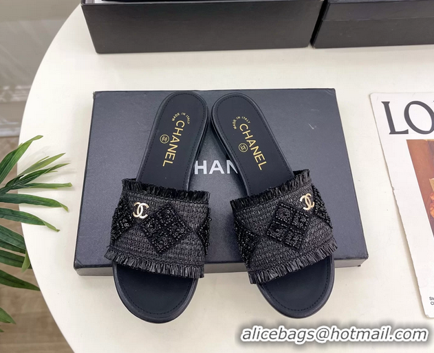 Fashion Chanel CC Black Woven Raffia Flat Slides Sandals Shoes 6051304