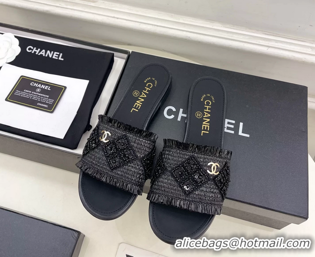 Fashion Chanel CC Black Woven Raffia Flat Slides Sandals Shoes 6051304