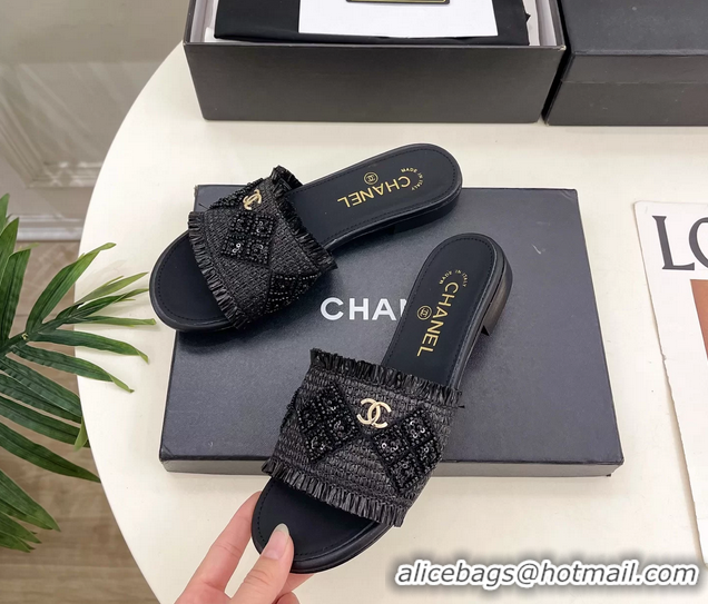 Fashion Chanel CC Black Woven Raffia Flat Slides Sandals Shoes 6051304