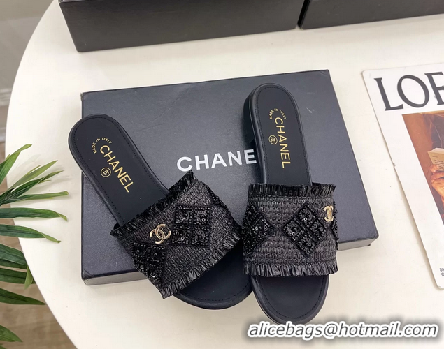 Fashion Chanel CC Black Woven Raffia Flat Slides Sandals Shoes 6051304