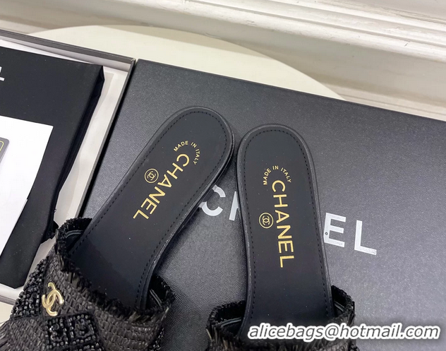 Fashion Chanel CC Black Woven Raffia Flat Slides Sandals Shoes 6051304