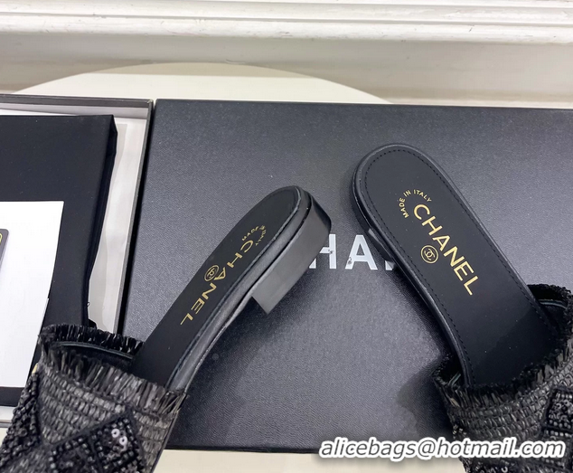 Fashion Chanel CC Black Woven Raffia Flat Slides Sandals Shoes 6051304