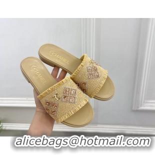 Good Quality Chanel CC Beige Woven Raffia Flat Slides Sandals Shoes 6051304