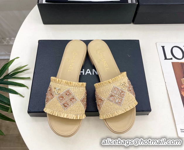 Good Quality Chanel CC Beige Woven Raffia Flat Slides Sandals Shoes 6051304