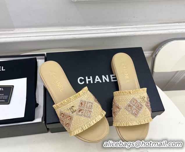 Good Quality Chanel CC Beige Woven Raffia Flat Slides Sandals Shoes 6051304