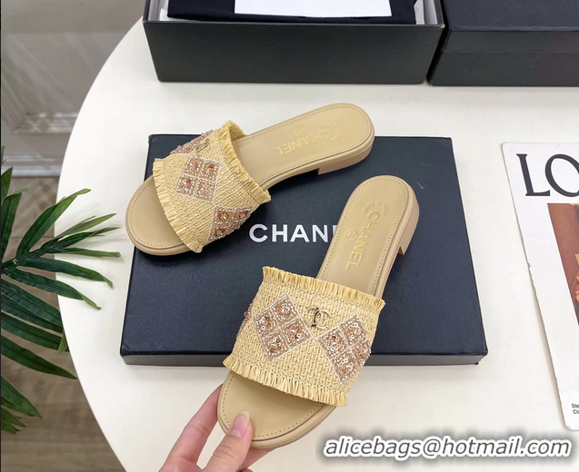 Good Quality Chanel CC Beige Woven Raffia Flat Slides Sandals Shoes 6051304