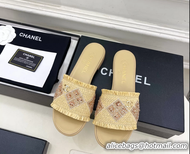 Good Quality Chanel CC Beige Woven Raffia Flat Slides Sandals Shoes 6051304